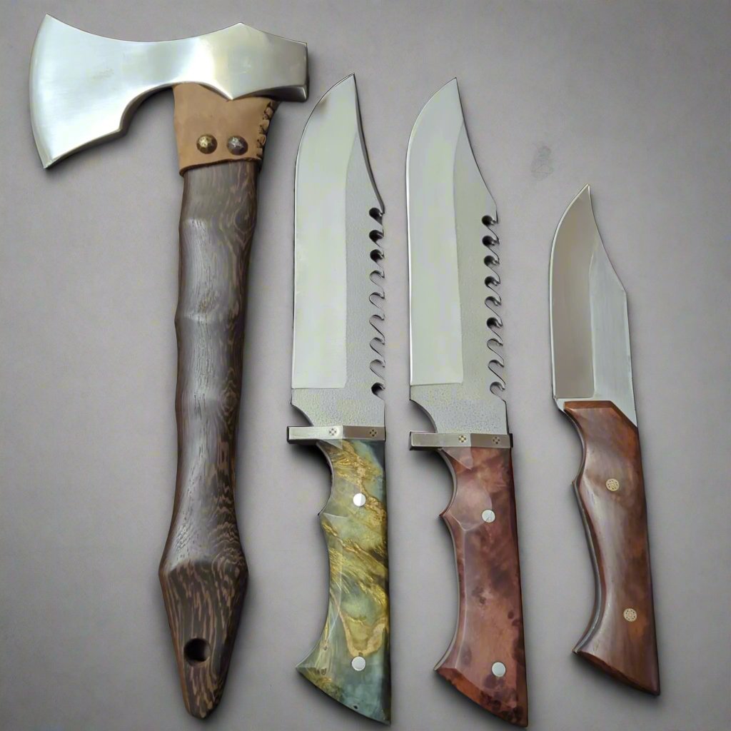 A viking axe, 2 bowie knives and 1 hunting knife