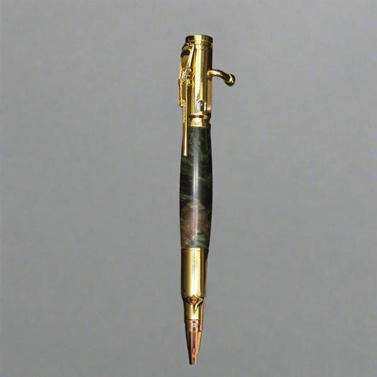 Green and gold bolt action pen with its unique look