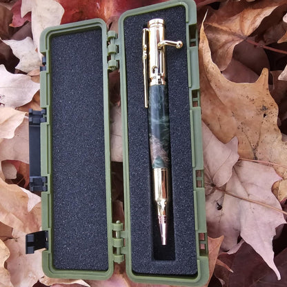 Full view of our gold abnd green bolt action pen