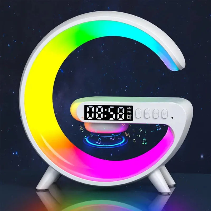  White Wireless Charger Pad Stand Speaker: Fast Charging, RGB Night Light