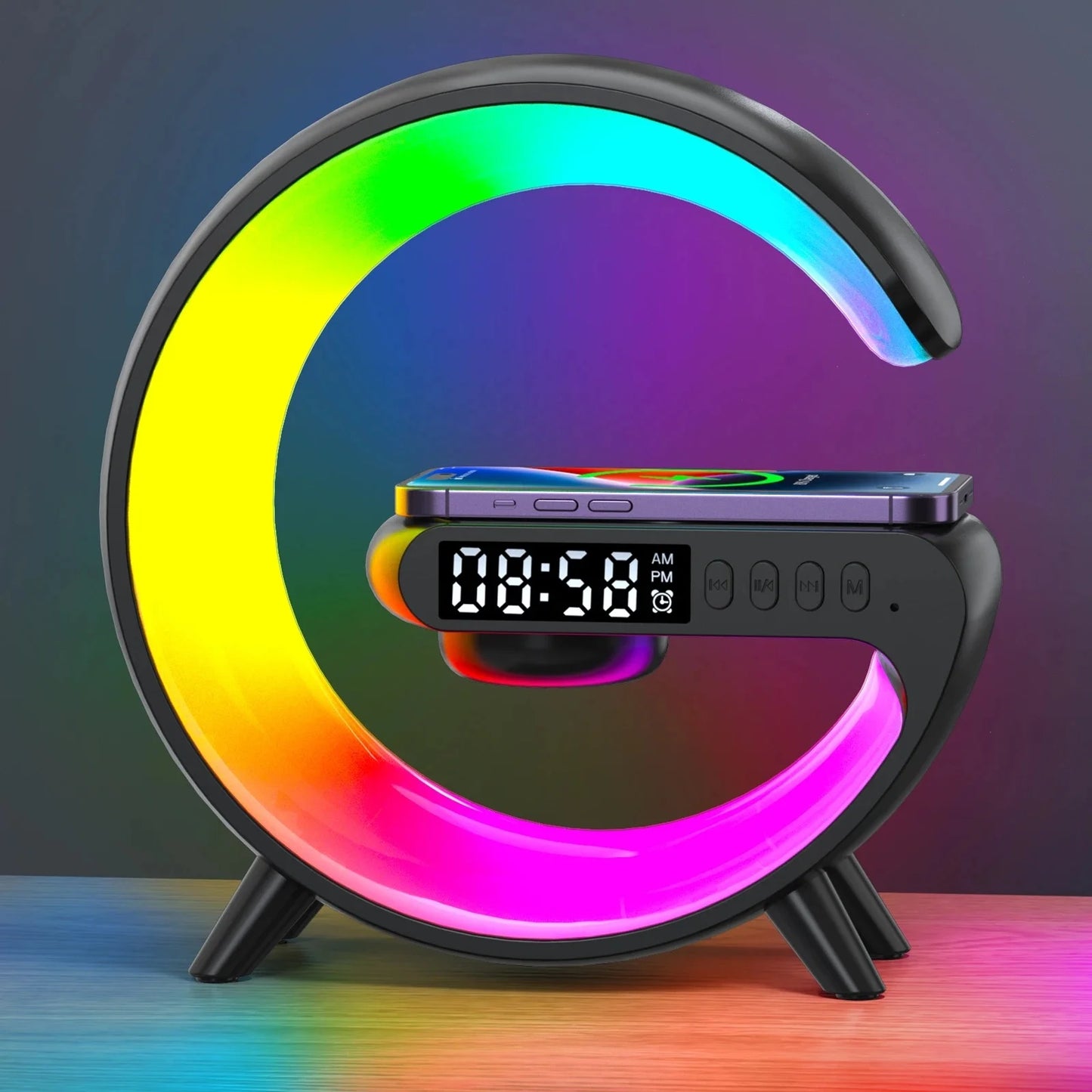 Black Wireless Charger Pad Stand Speaker: Fast Charging, RGB Night Light