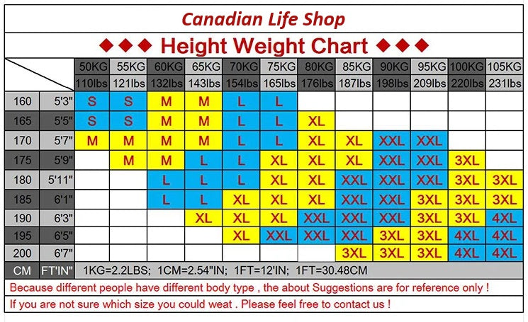 Long sleeve and pants sport compression set sizing chart- Canadian Life Shop