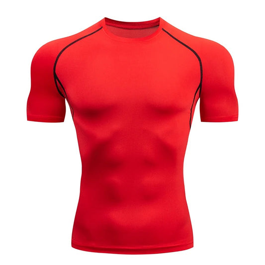 Elevate your training in style with our vibrant red compression t-shirt. Engineered for peak performance and comfort. Conquer your workouts with confidence!