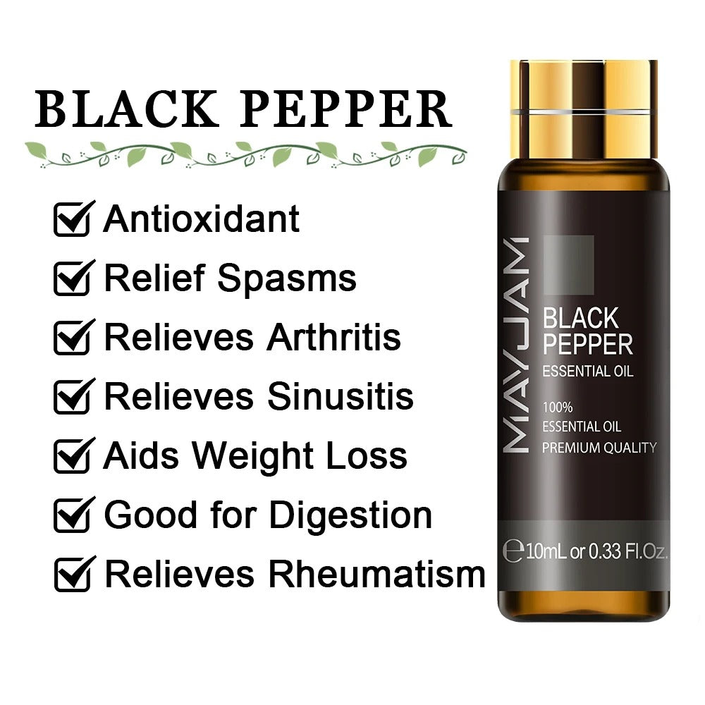 Image featuring black pepper  a serene natural essential oils, promoting improvements to everday life  and relaxation.
