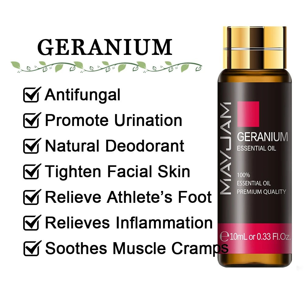 Image featuring geranium a serene natural essential oils, promoting improvements to everday life  and relaxation.